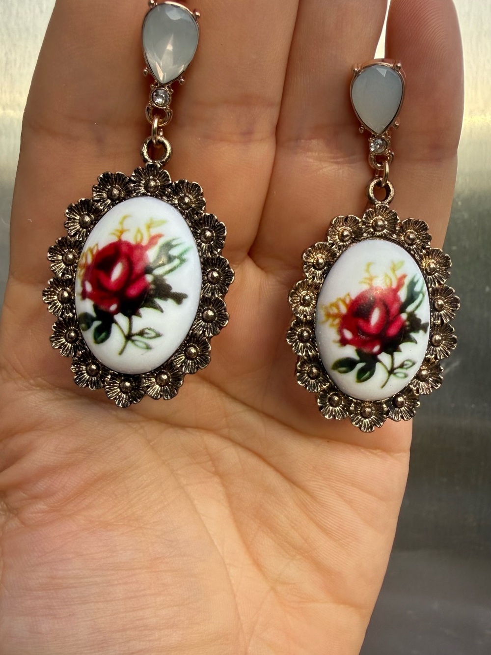 Red Rose Porcelain Drop Earrings with Gold Filigree - Picture 7 of 7